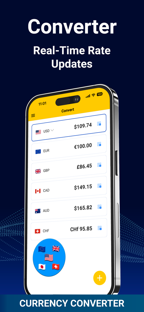 HUB: Calendar, Budget, Notes - HUB app currency converter screen displaying real-time exchange rate updates for multiple global currencies.