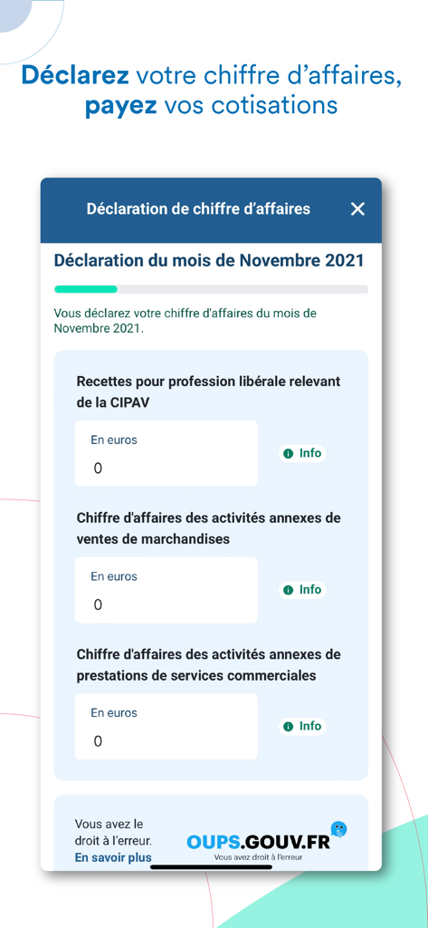 AutoEntrepreneur Urssaf - Une interface d'application mobile pour déclarer le chiffre d'affaires mensuel et payer les cotisations sociales pour les solopreneurs français.