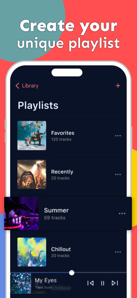 Music Player - Offline Songs - Écran d'application mobile affichant une liste de playlists musicales personnalisées, y compris Favoris et Été, avec un mini-lecteur en bas.