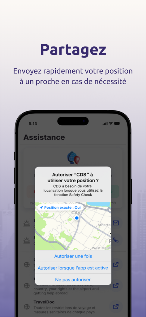 CDS App Safety Check feature displaying a location permission prompt for travel security.
