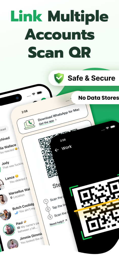 Whats Web – Dual App Messenger - Interface do aplicativo Whats Web mostrando o scanner de código QR para vincular e gerenciar várias contas com segurança
