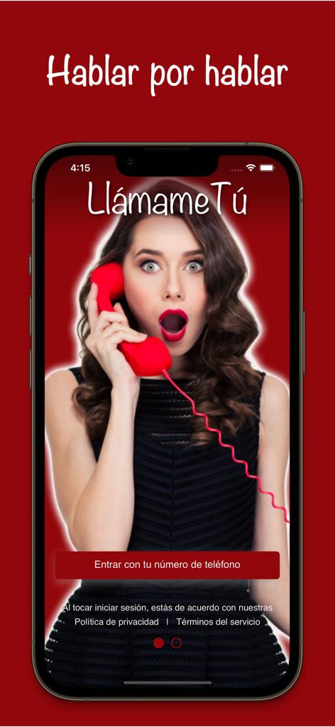 LlamameTu - Hablar por hablar - Pantalla de bienvenida de la aplicación LlamameTu que muestra a una mujer sosteniendo un receptor de teléfono rojo y un botón de inicio de sesión