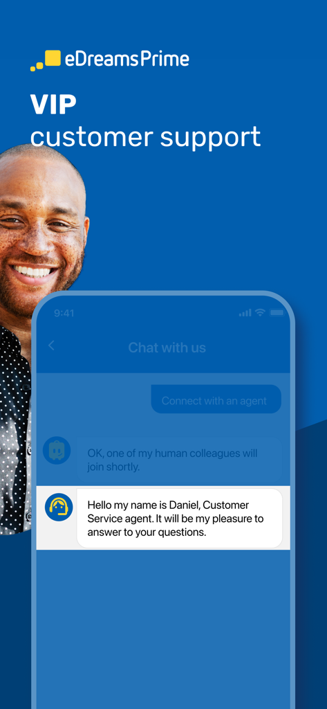 Interfaz de chat de atención al cliente VIP de eDreams Prime en un smartphone