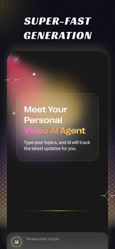 AI PhotoVibe: AI Video Maker - Interface do aplicativo AI PhotoVibe mostrando a geração ultrarrápida de vídeos usando um Agente de Vídeo IA pessoal