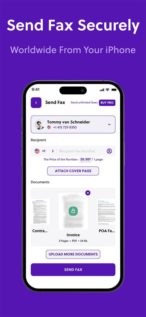 FAX ® - Uma tela de aplicativo móvel mostrando como enviar um fax com segurança de um iPhone com pré-visualizações de documentos e campos de destinatário