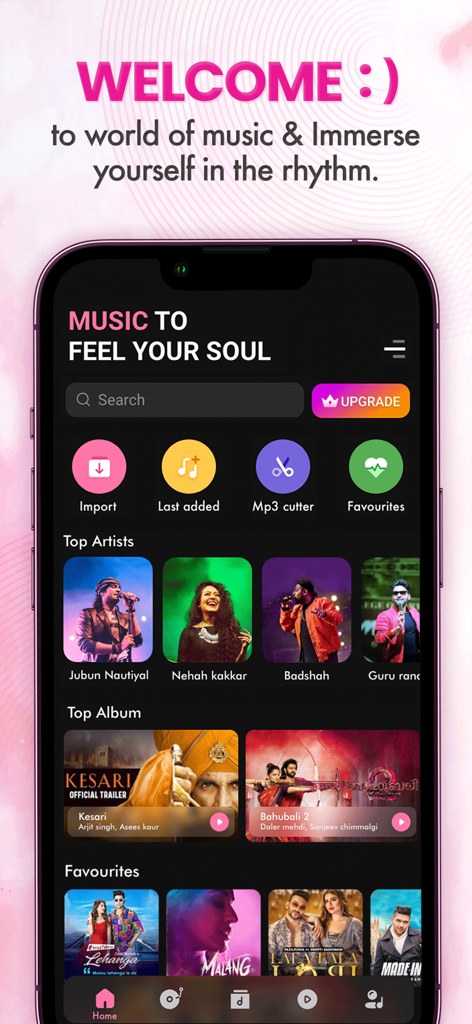 offline music player - songs - Pantalla de inicio de la aplicación reproductor de música sin conexión que muestra los principales artistas y la función de cortador de MP3