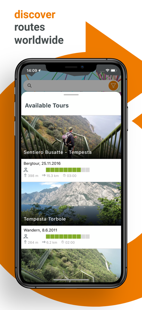 GPS-Tour.info - Smartphone screen displaying the GPS-Tour.info app interface with a list of available hiking and mountain routes featuring photos and distance details