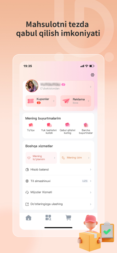 EcoBuyMarket - Pantalla de perfil de cuenta de usuario de EcoBuyMarket en idioma uzbeko que muestra el historial de pedidos y los cupones