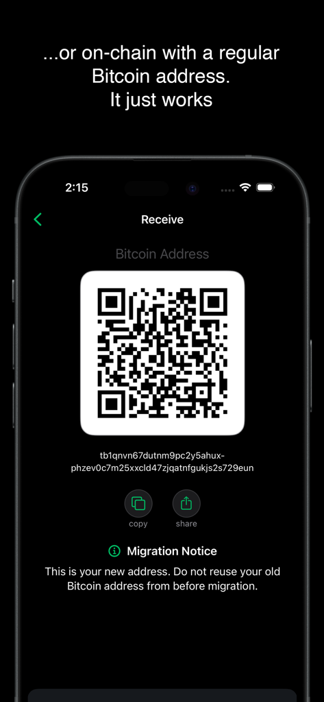 Phoenix Wallet - Phoenix Wallet screen showing a QR code and on-chain Bitcoin address for receiving payments.