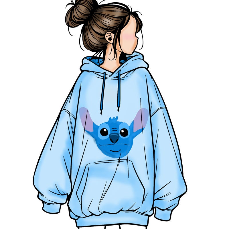 realistic girl with a oversized sweatshirt on and a bun