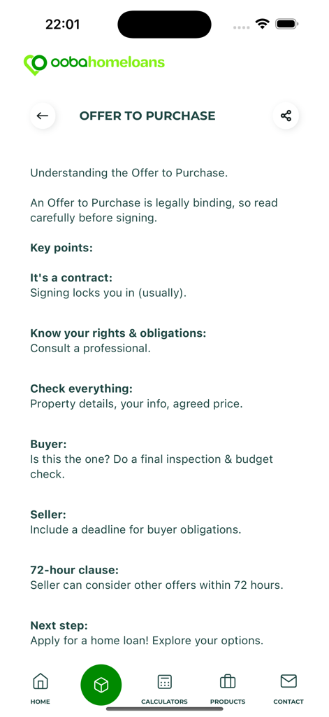 ooba home loan app - Informational screen about the Offer to Purchase contract in the ooba home loan app