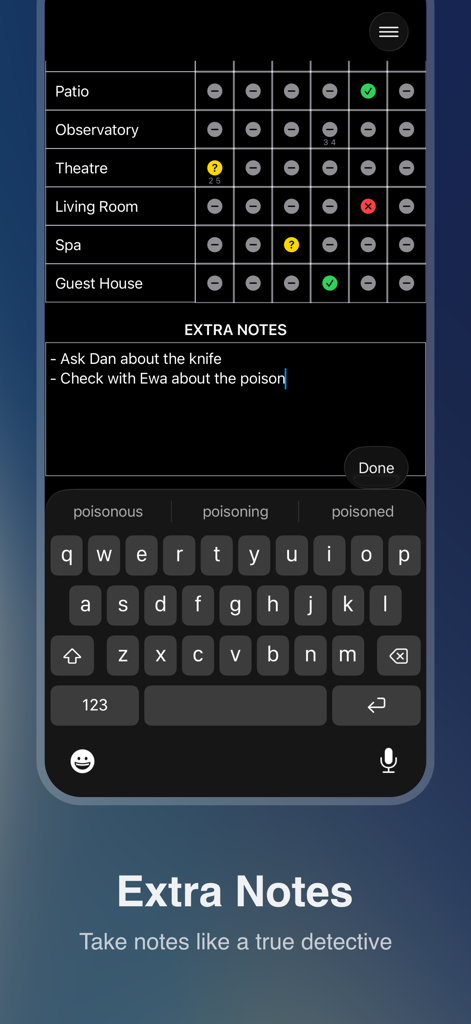Cluedo Notes - A digital notepad in the Cluedo Notes app for taking detective notes during a board game.