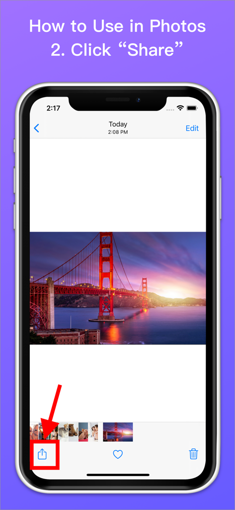 Power Reverse Image Search - Captura de pantalla del tutorial que muestra cómo hacer clic en el botón de compartir en la aplicación Fotos de iOS para iniciar una búsqueda inversa de imágenes.