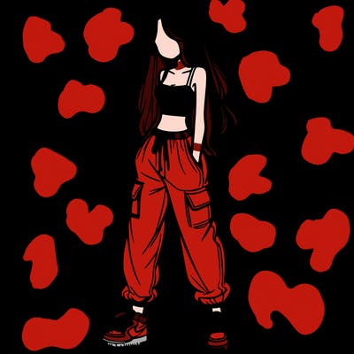 girl in baggy pants crop top and long hair