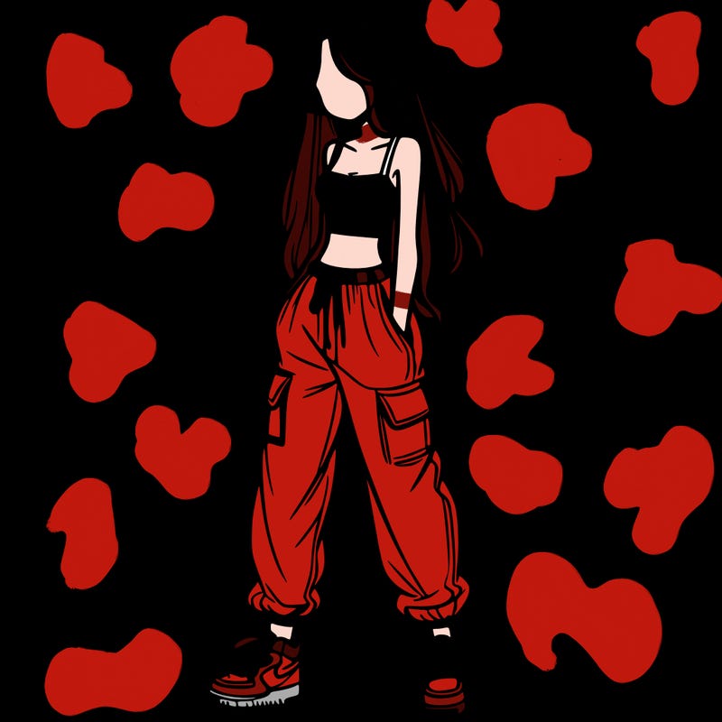 girl in baggy pants crop top and long hair