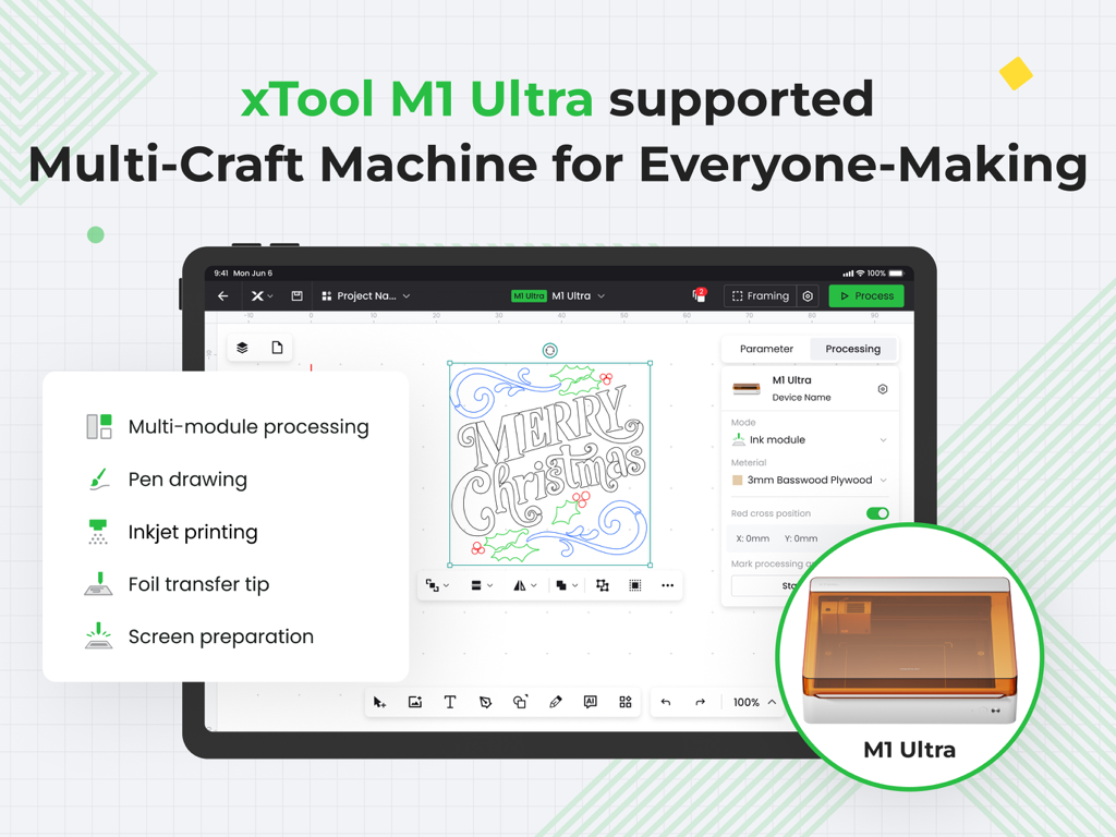 xTool Creative Space - Ein iPad zeigt die Benutzeroberfläche der xTool Creative Space App mit den Optionen für die M1 Ultra Multi-Craft-Maschine.