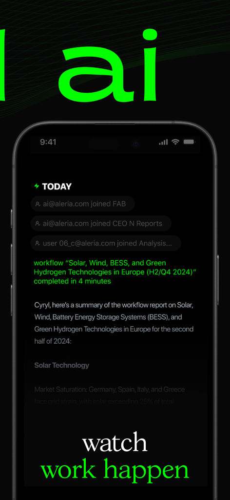 aleria ai - Aleria AI-App-Oberfläche, die eine Zusammenfassung des automatisierten Workflow-Berichts auf einem iPhone-Bildschirm anzeigt.
