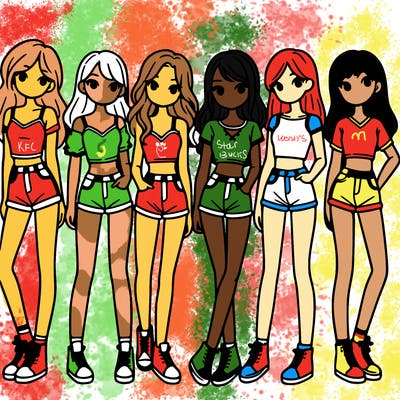 a group of girls wearing crop tops and shorts