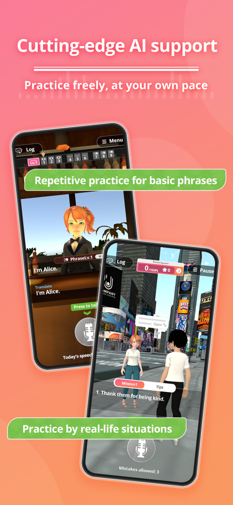 Screenshot der fondi-App, der KI-gestützte englische Übungen in virtuellen Räumen anzeigt