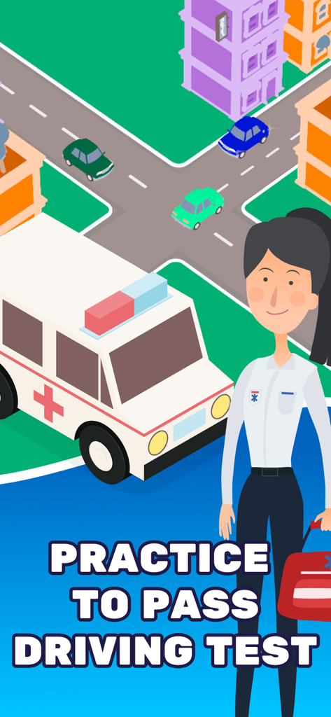 Ilustración de dibujos animados de una ambulancia y una instructora femenina promocionando la práctica del examen de conducir