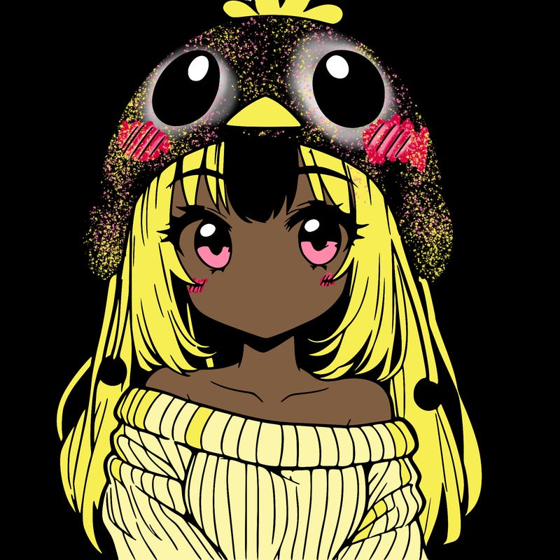 anime girl with chick shaped hat with sweater with bare shoulders with bangs covering them one eye with low tail