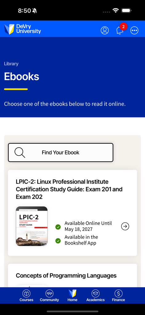 Biblioteca de e-books do aplicativo móvel DeVry University mostrando um guia de estudo para certificação Linux