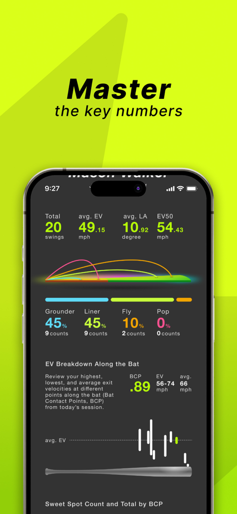 A smartphone screen displaying baseball swing analytics and exit velocity data