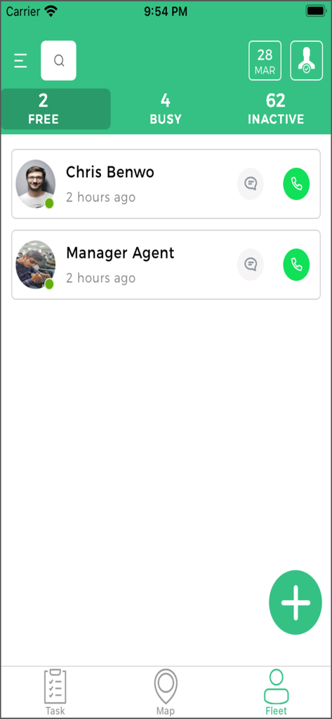 Panel de gestión de flota de la aplicación Tookan Manager que muestra la disponibilidad de los conductores en tiempo real y el estado de la flota
