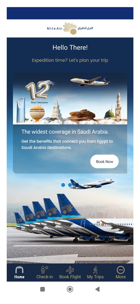 Nile Air mobile app home screen showing flight options to Saudi Arabia and navigation menu for booking and check-in