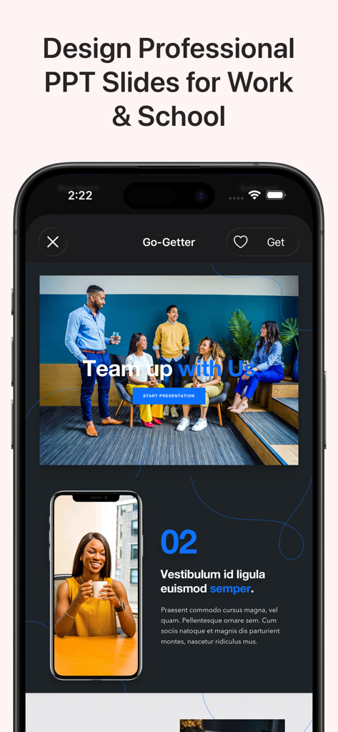 A mobile app interface displaying professional PowerPoint slide templates for work and school