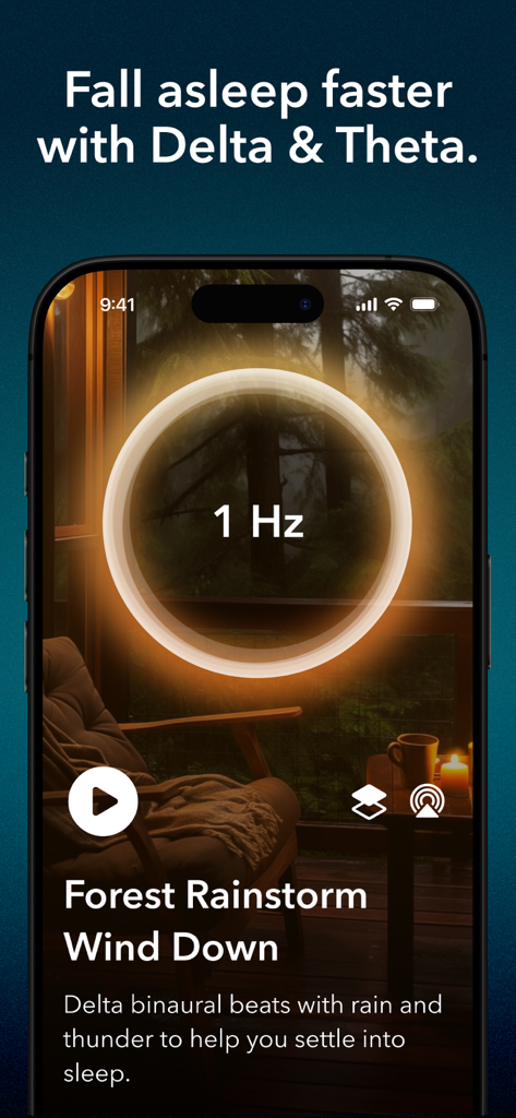 Moongate app showing a forest rainstorm soundscape with 1Hz delta binaural beats to help with sleep