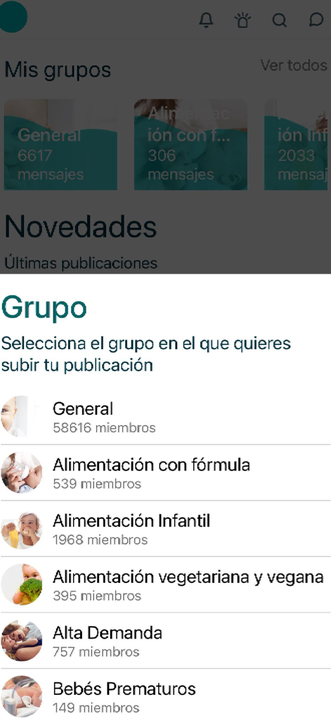 Criar con Sentido Común - Una lista de grupos comunitarios de crianza en español dentro de la aplicación Criar con Sentido Común.