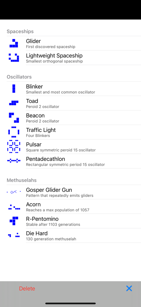 Game of Life Cellular Automata - A list of preset cellular automata patterns including spaceships oscillators and methuselahs