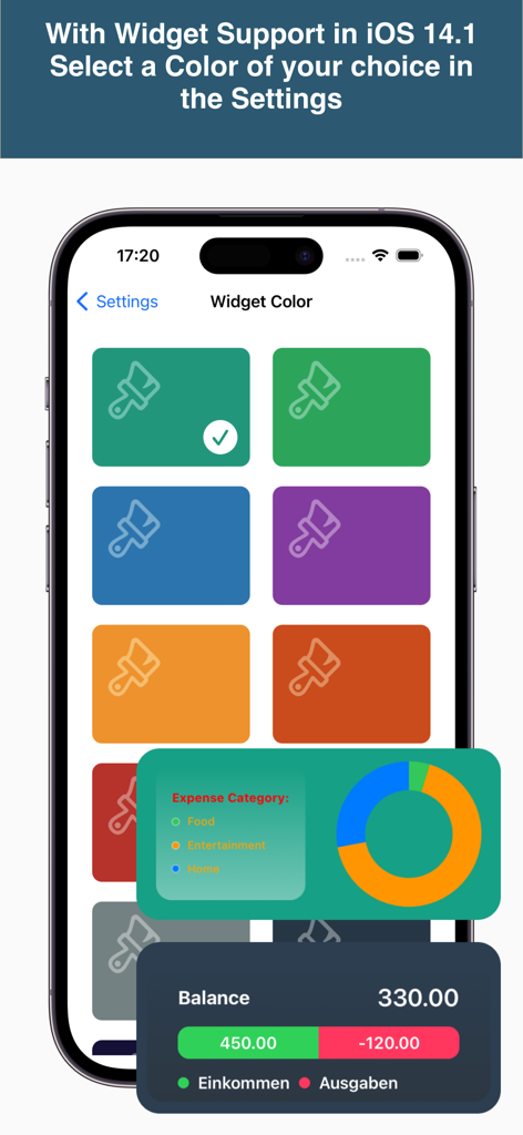 SimpleMoney - Interfaz de la aplicación SimpleMoney para personalizar los colores de los widgets y ver gráficos de gastos.