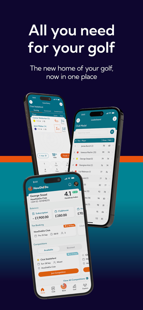 HowDidiDo - Tre iPhone che mostrano la dashboard dell'app di golf HowDidiDo, la classifica e le schermate di inserimento punteggio