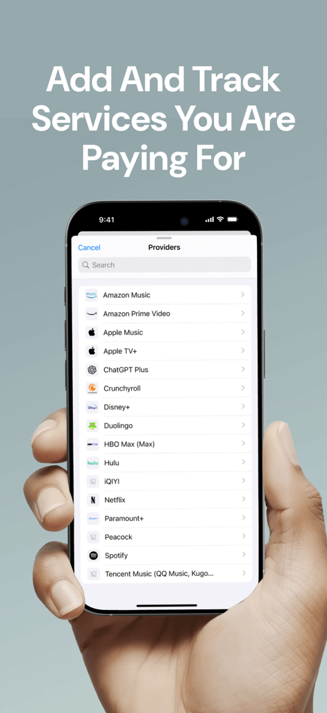 Feenko: Subscription Manager - Smartphone screen showing a list of subscription services to track in Feenko