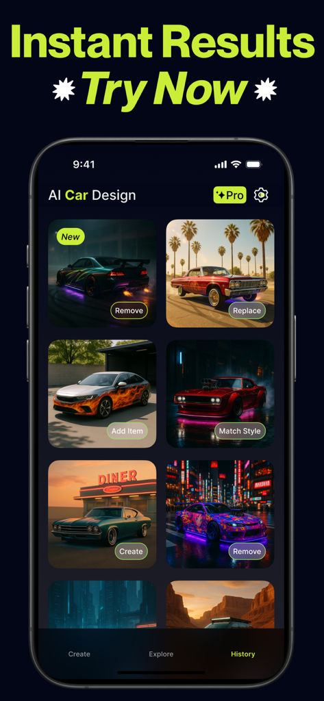 AI Car Designer Modify & Tune - Interfaz de la aplicación AI Car Designer mostrando un historial de modificaciones de vehículos personalizadas, incluyendo lowriders y corredores callejeros con opciones de tuning IA
