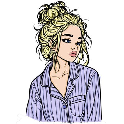 realistic woman with pajamas on and a messy bun