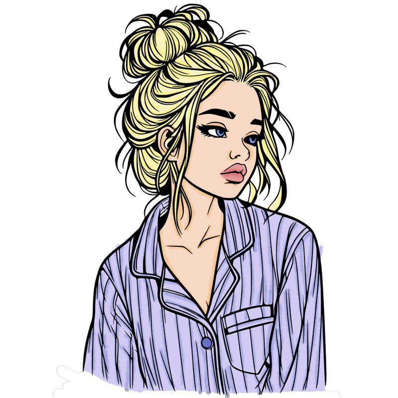 realistic woman with pajamas on and a messy bun