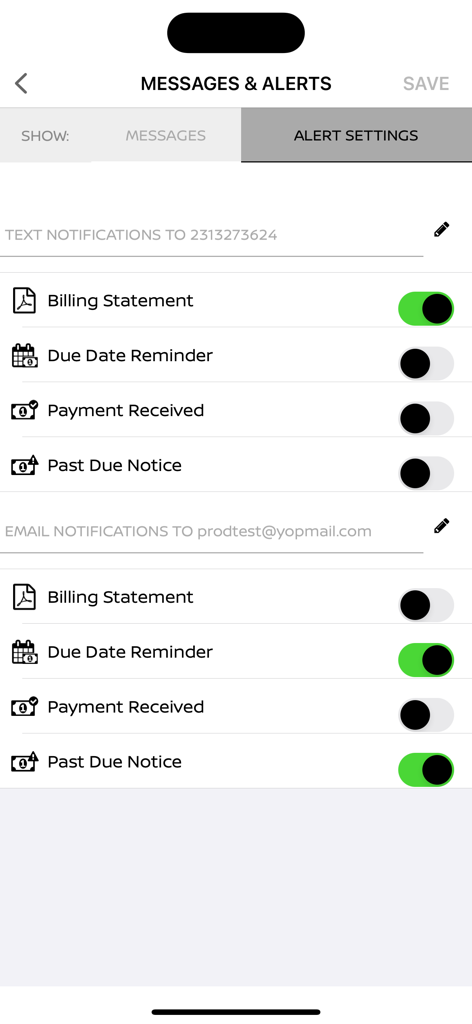 NMAC Account Manager - Menu delle impostazioni di avviso nell'app NMAC Account Manager per le notifiche via SMS ed email