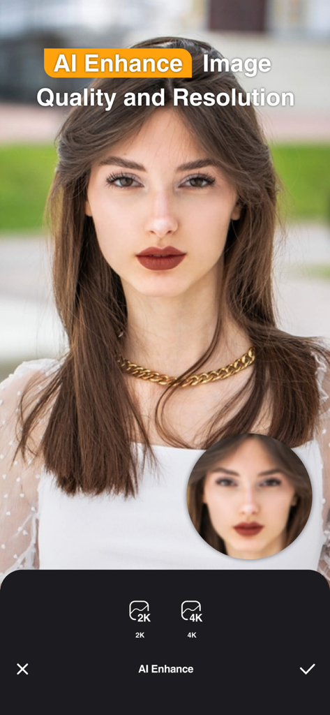 Perfect365 Studio AI | Images - A woman's portrait shown before and after using the AI Enhance feature to improve image quality and resolution to 2K or 4K.