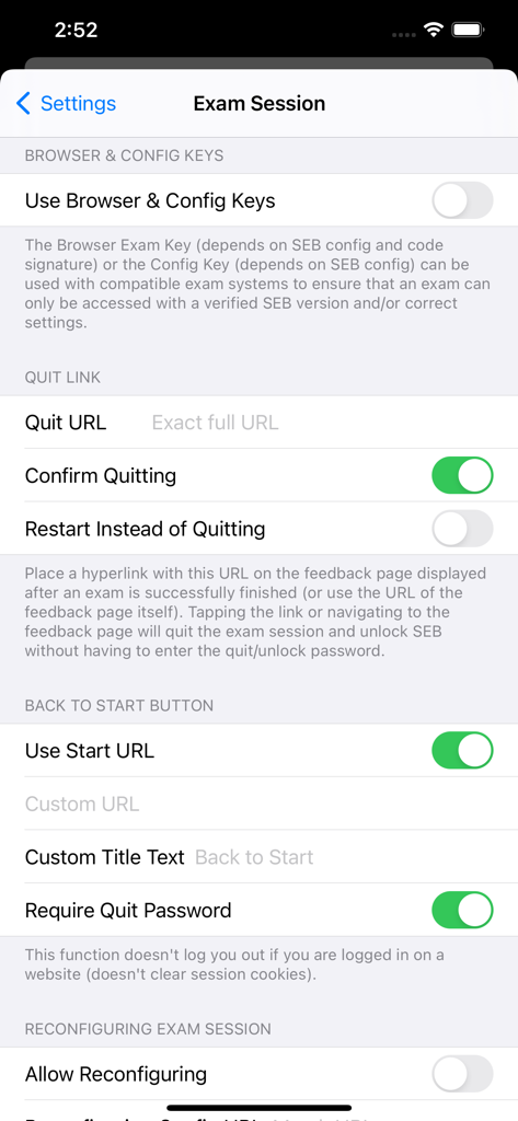SafeExamBrowser settings screen showing configuration options for exam sessions including quit URL and password requirements