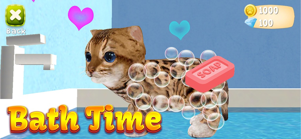 Cat Simulator 2 - Un gatito moteado cubierto de burbujas durante la hora del baño en el juego móvil Cat Simulator 2