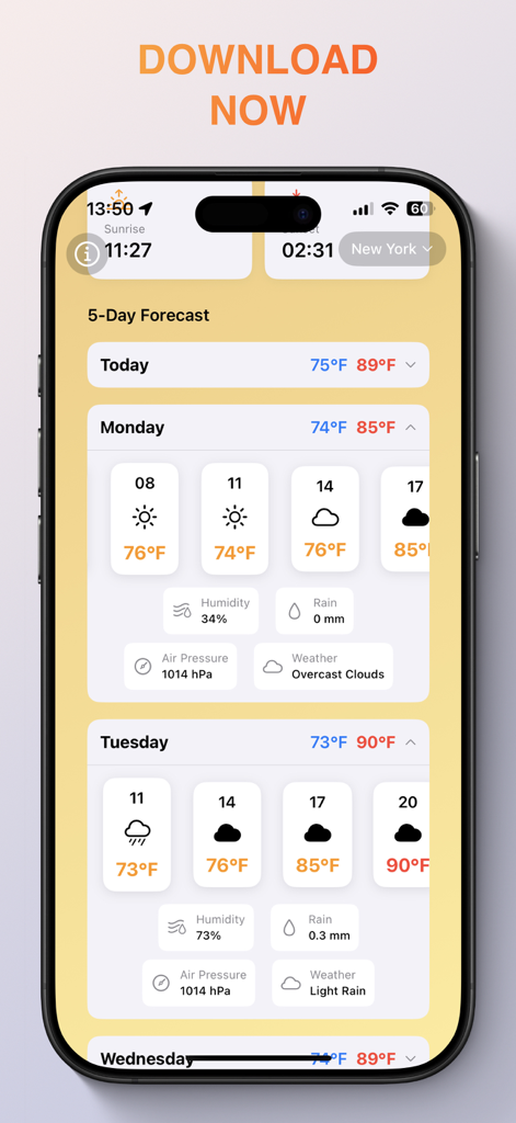 Weather Forecast Ultra iPhone app interface showing detailed daily weather data and a 5-day forecast.