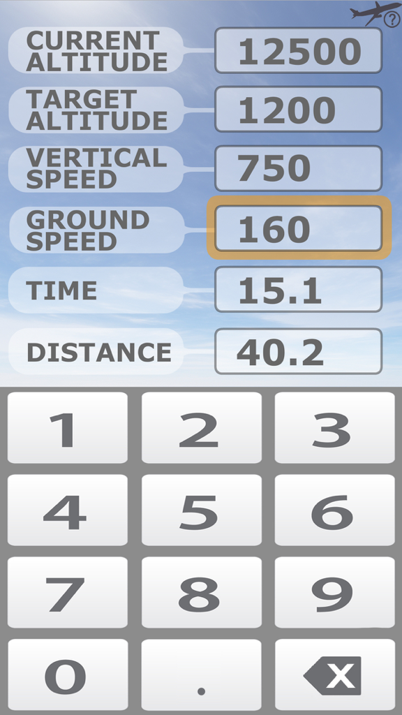 Aviation Descent Calculator app interface showing flight data entry fields and a large numeric keypad