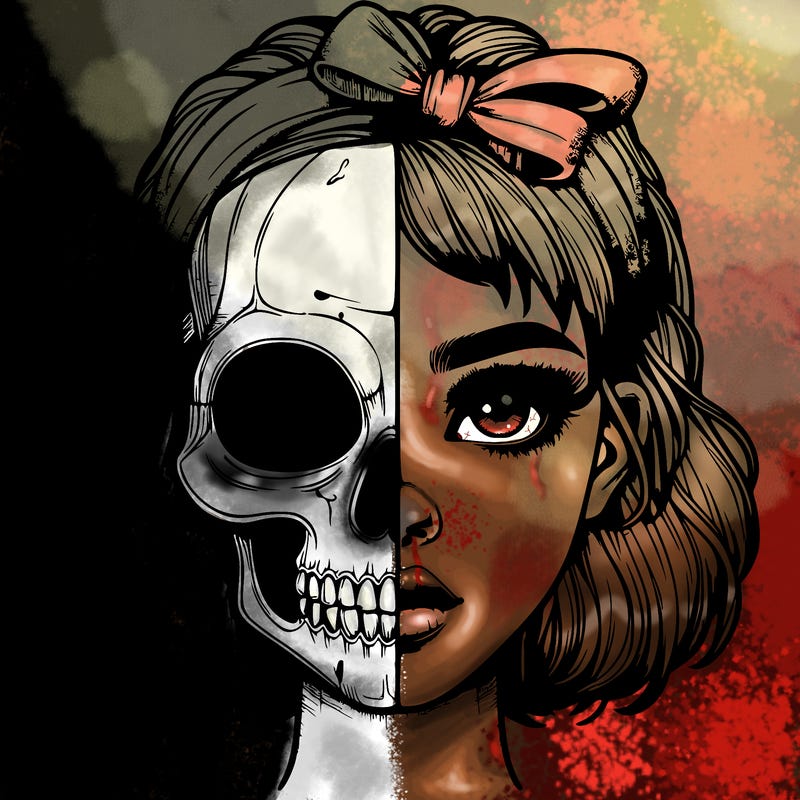 realistic girl with half skull mask