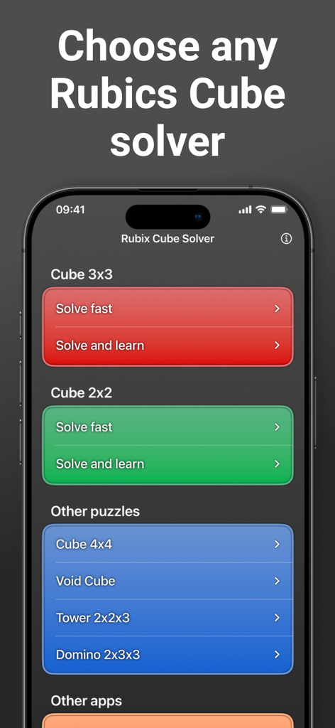 Main menu of the Rubix Cube Solver app showing options for 3x3 2x2 4x4 and special puzzles