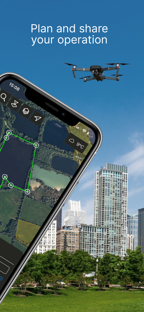 Drone Assist - Flight Planning - Smartphone displaying the Drone Assist app interface for planning drone flights in urban areas.