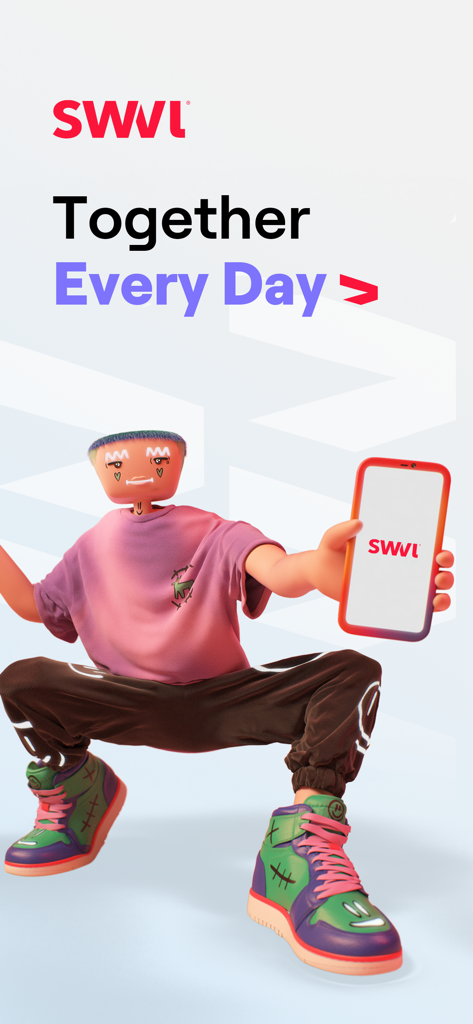 3D character holding a smartphone with the Swvl app logo on the screen
