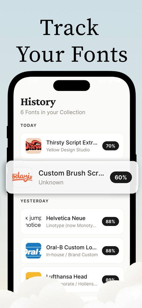 Font Finder: AI Identifier - A smartphone screen displaying a history of identified fonts with matching accuracy percentages.